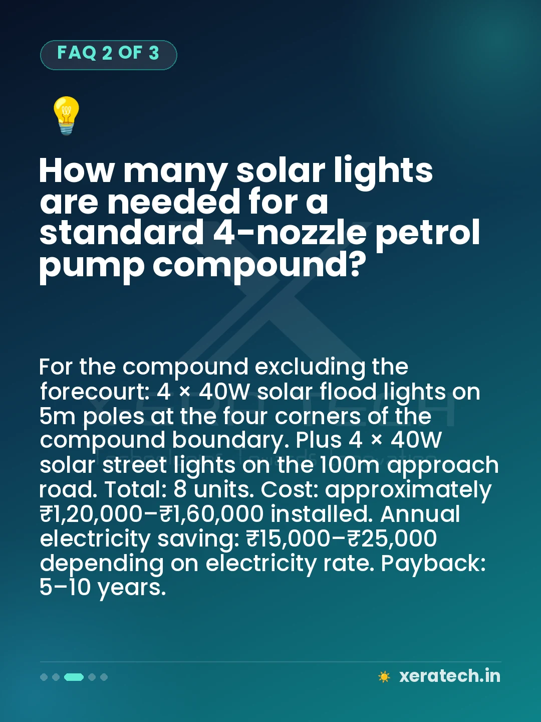 How many solar lights are needed for a standard 4-nozzle petrol pump compound?