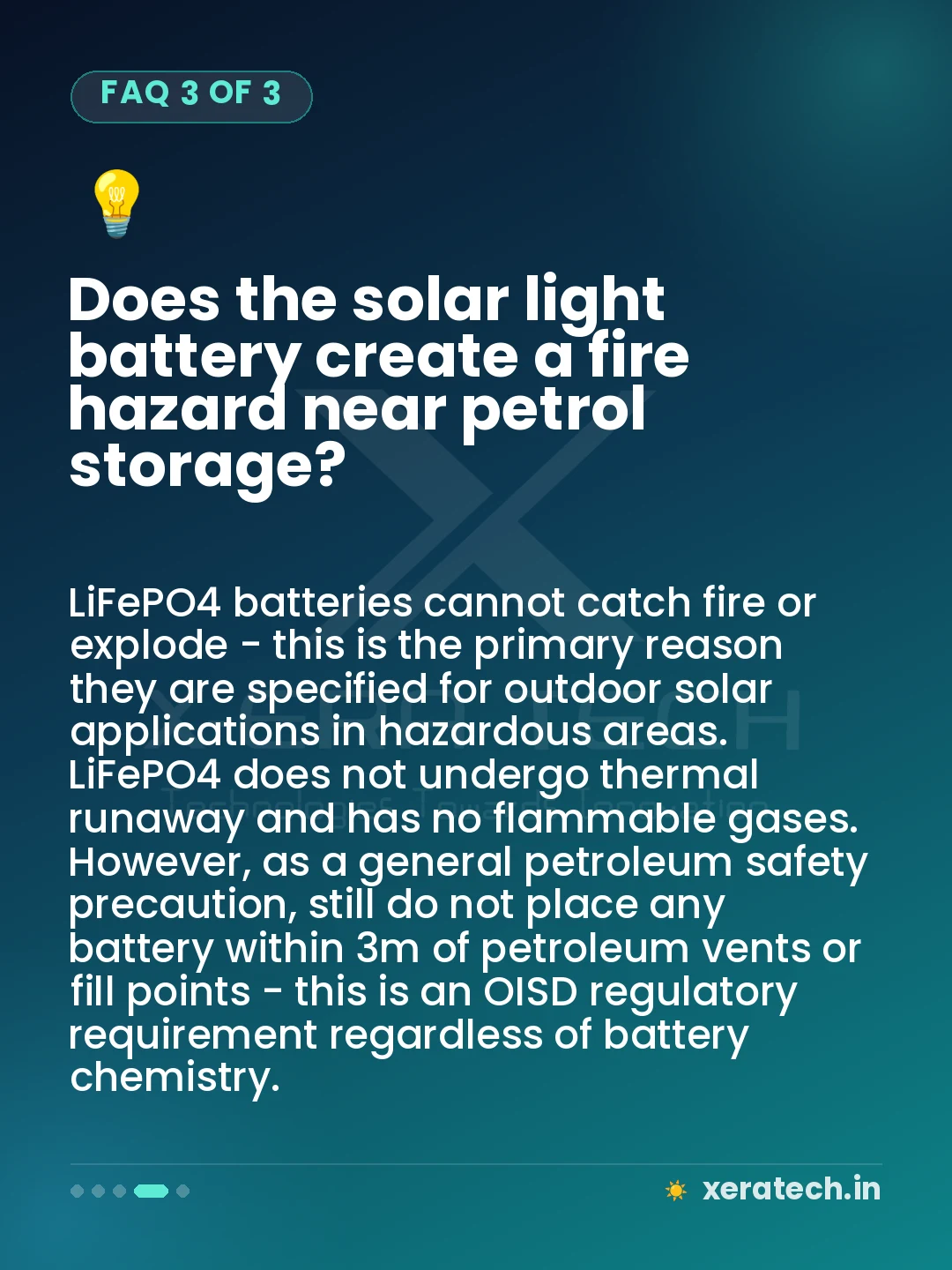 Does the solar light battery create a fire hazard near petrol storage?