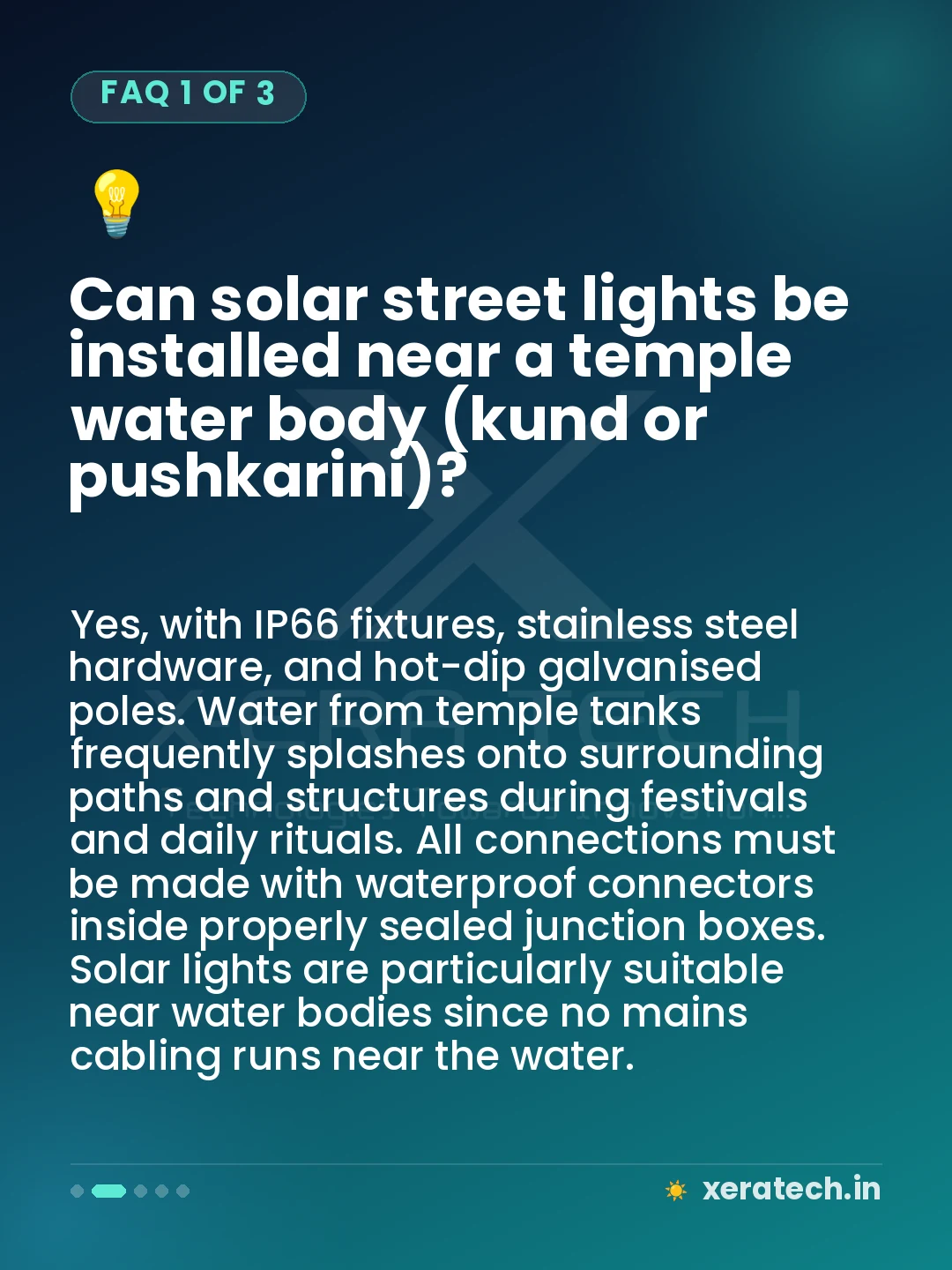 Can solar street lights be installed near a temple water body (kund or pushkarini)?
