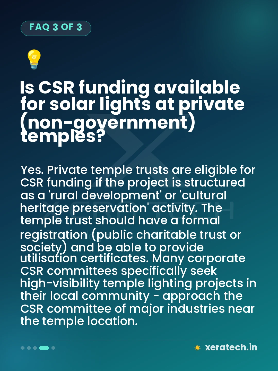 Is CSR funding available for solar lights at private (non-government) temples?
