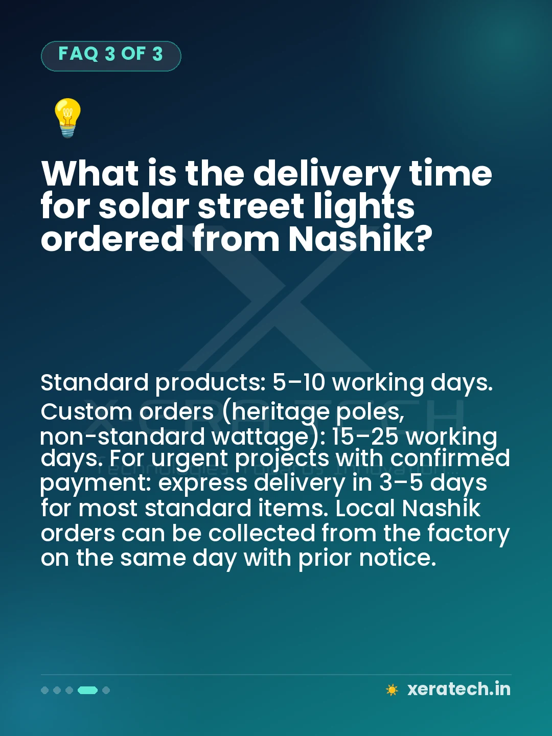 What is the delivery time for solar street lights ordered from Nashik?