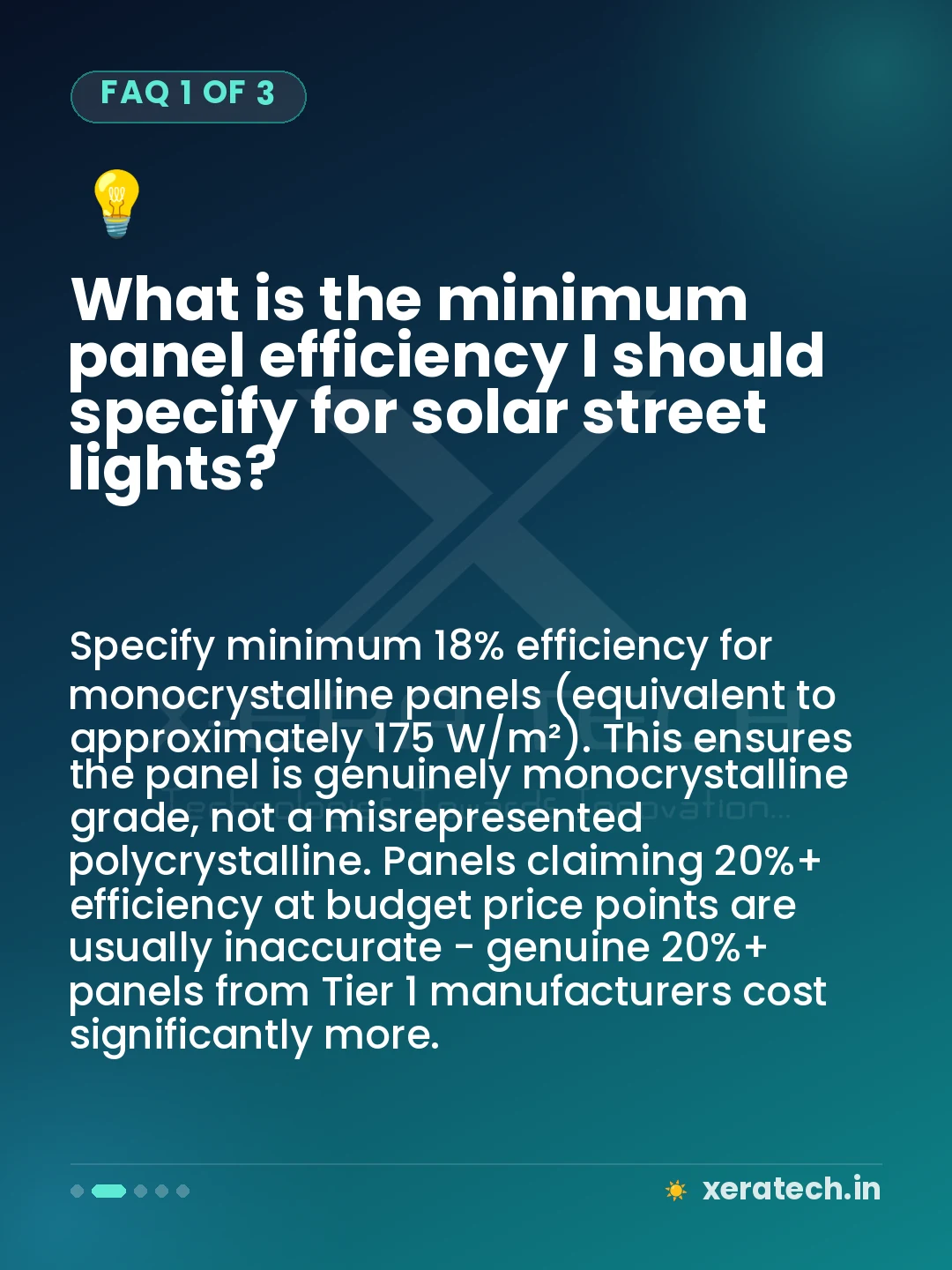 What is the minimum panel efficiency I should specify for solar street lights?