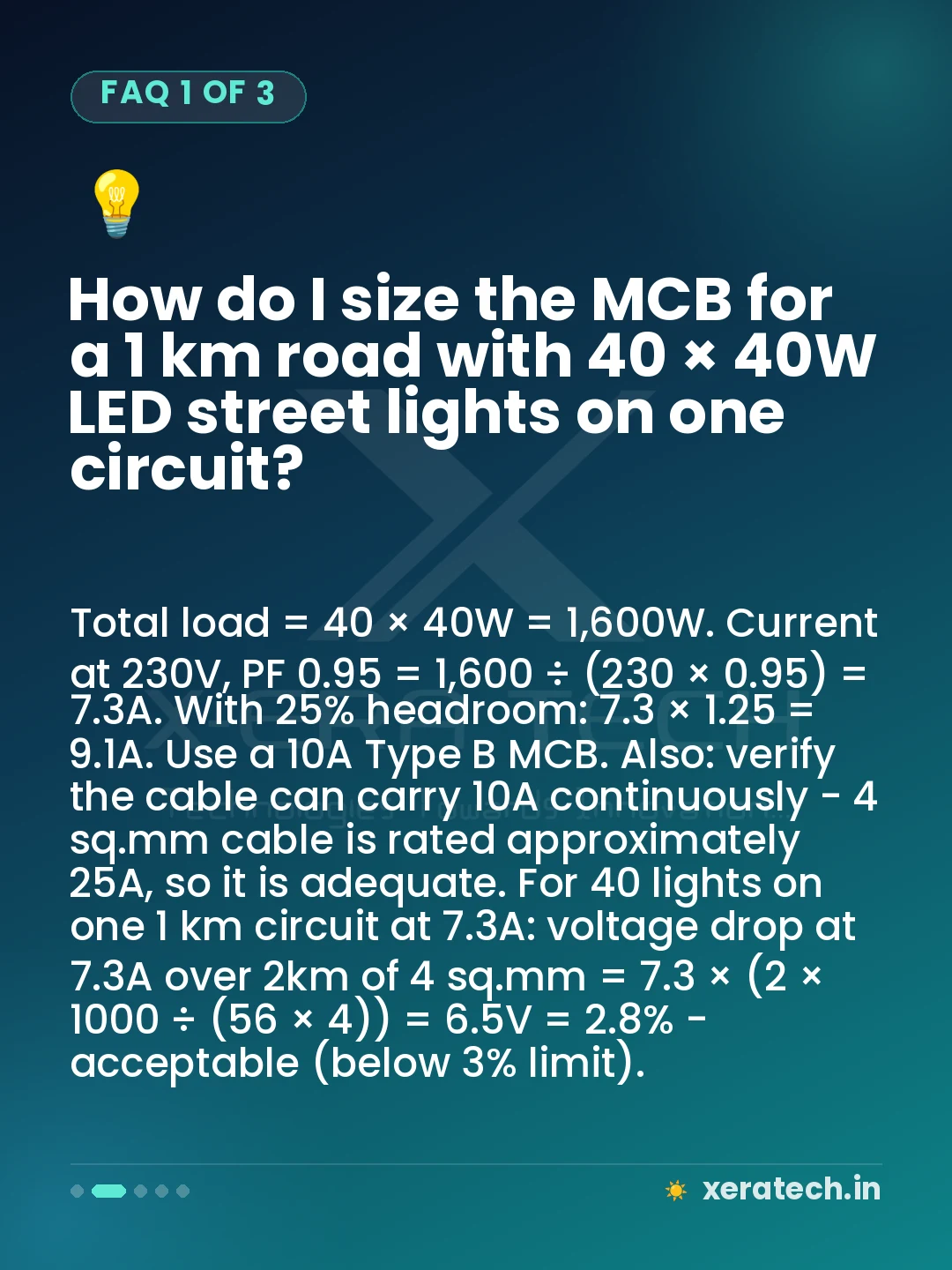 How do I size the MCB for a 1 km road with 40 × 40W LED street lights on one circuit?