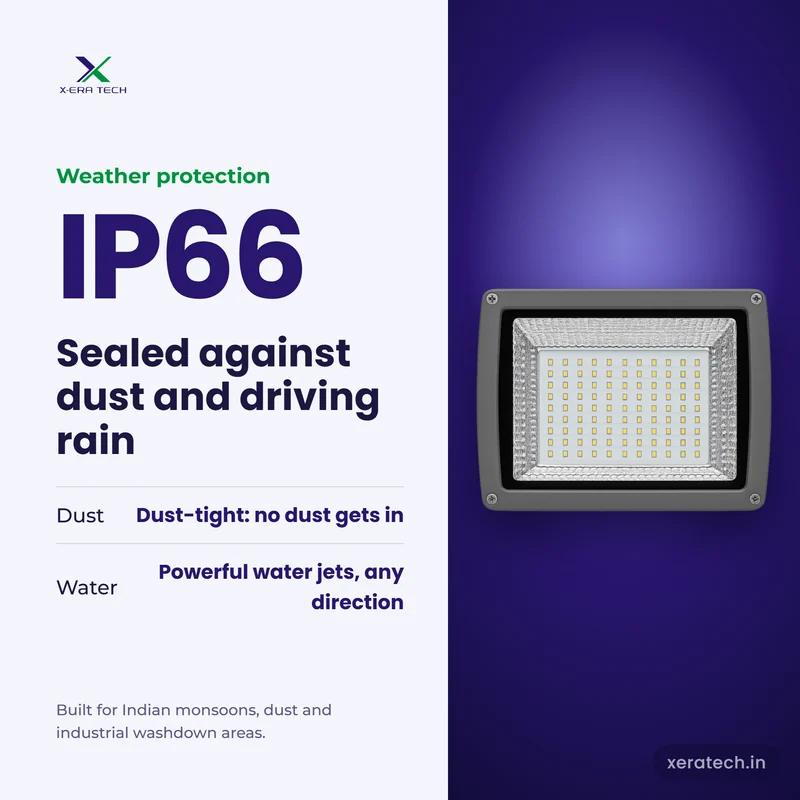Xera Tech 120W LED Flood Light with IP66 rating – dust-tight and protected against powerful water jets