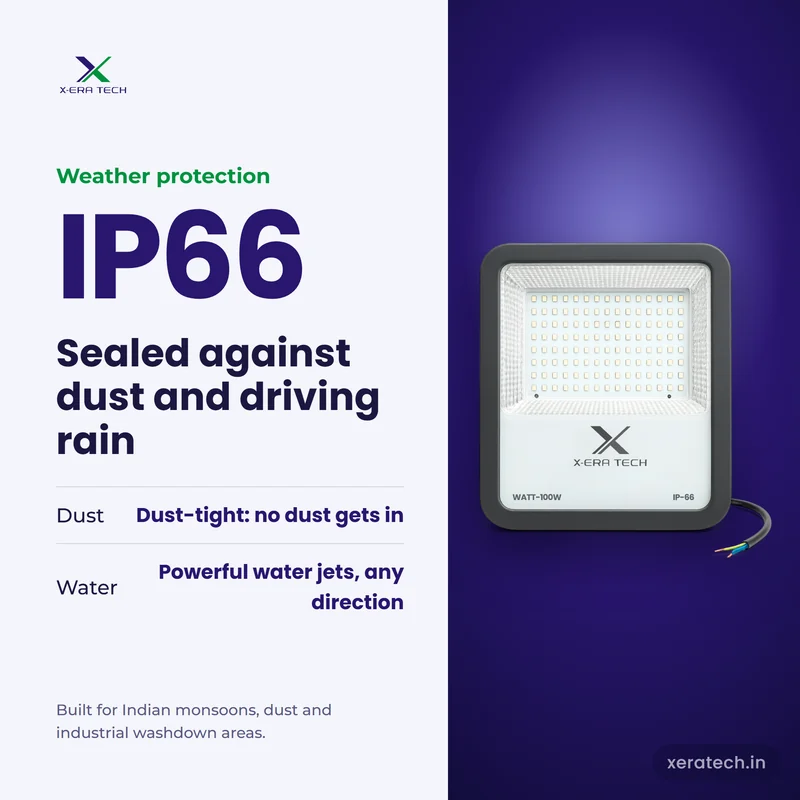 Xera Tech 100W LED Flood Light with IP66 rating – dust-tight and protected against powerful water jets