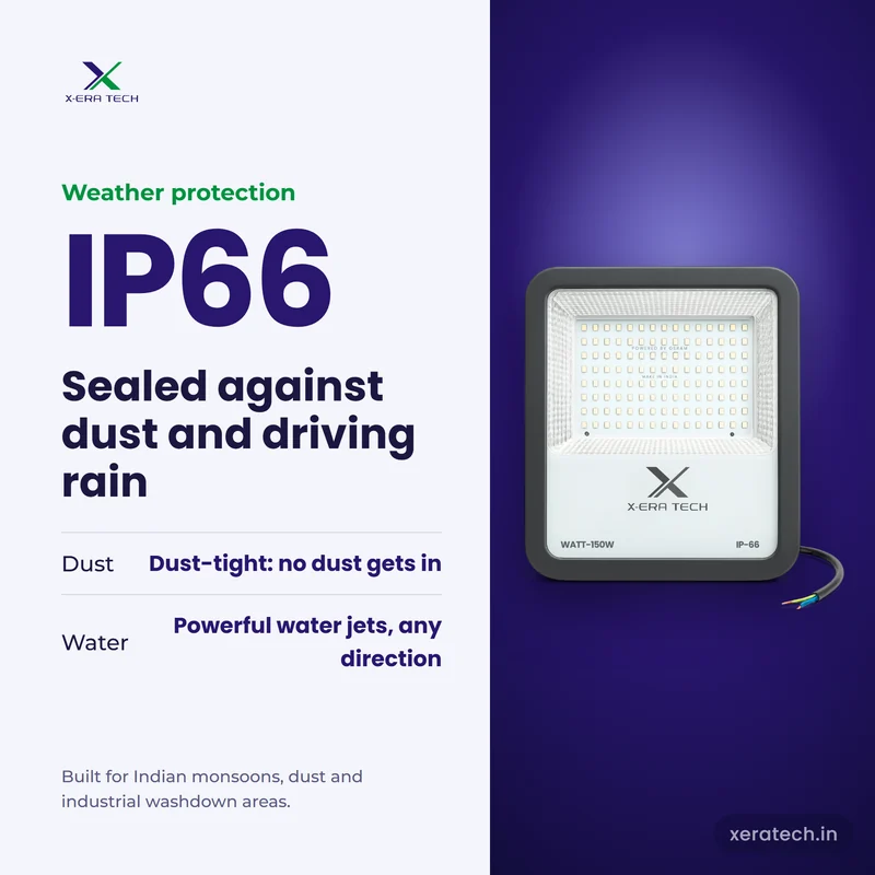 Xera Tech 150W LED Flood Light with IP66 rating – dust-tight and protected against powerful water jets