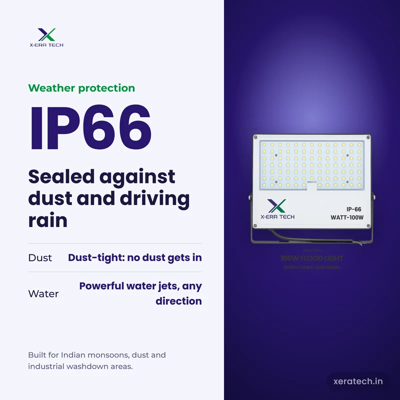 Xera Tech 100W LED Flood Light with IP66 rating – dust-tight and protected against powerful water jets