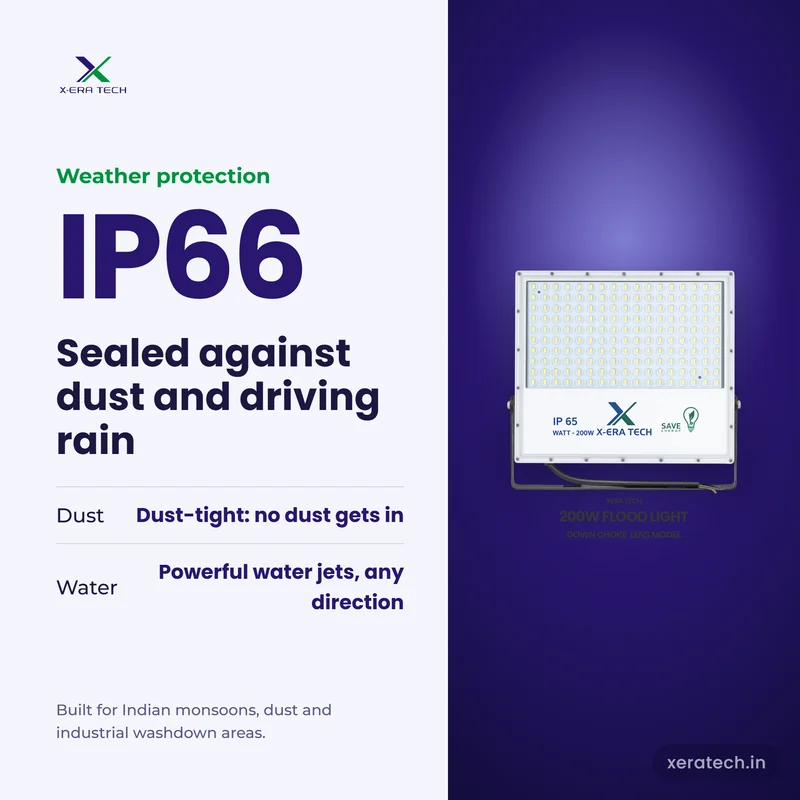 Xera Tech 200W LED Flood Light with IP66 rating – dust-tight and protected against powerful water jets