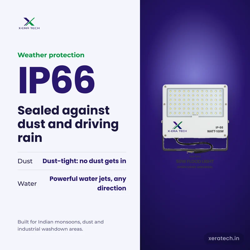 Xera Tech 50W LED Flood Light with IP66 rating – dust-tight and protected against powerful water jets