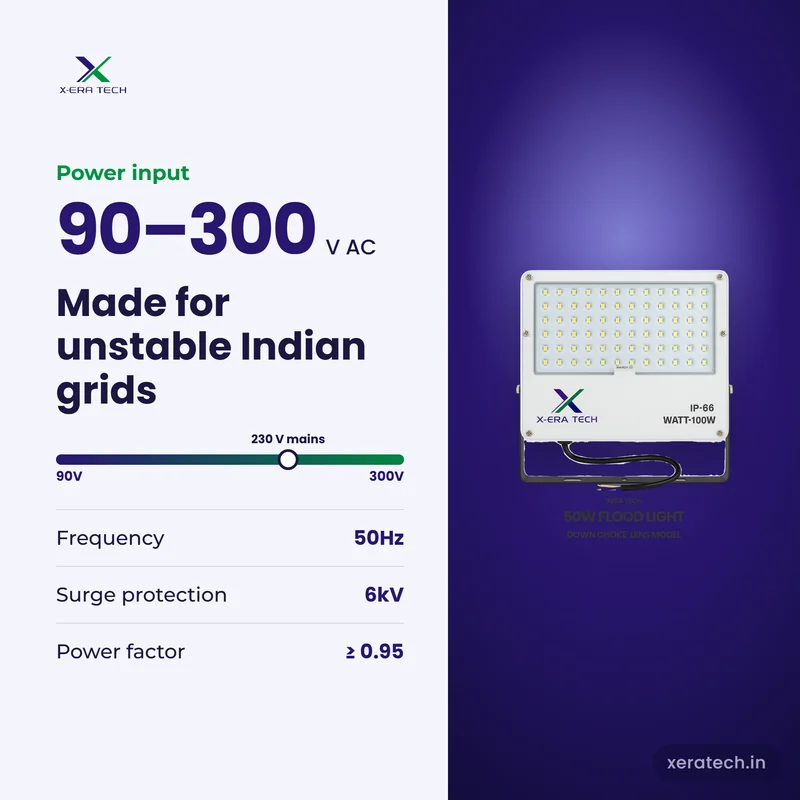 Xera Tech 50W LED Flood Light input range 90V – 300V AC at 50Hz