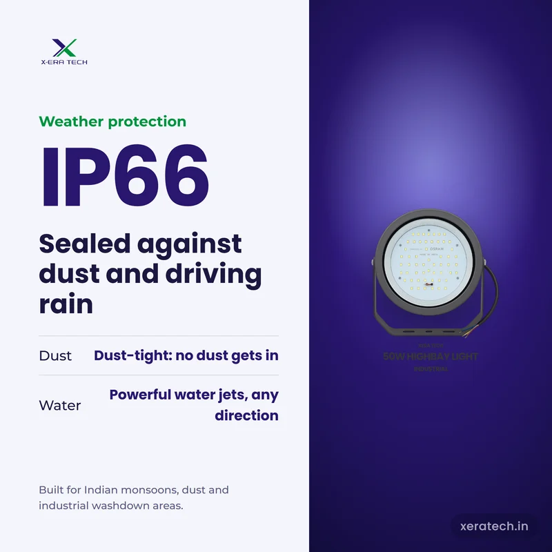 Xera Tech 50W LED High Bay Light with IP66 rating – dust-tight and protected against powerful water jets