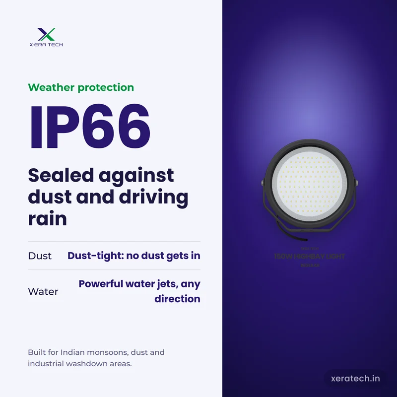 Xera Tech 150W LED High Bay Light with IP66 rating – dust-tight and protected against powerful water jets