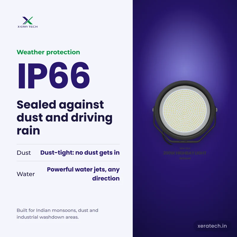 Xera Tech 200W LED High Bay Light with IP66 rating – dust-tight and protected against powerful water jets