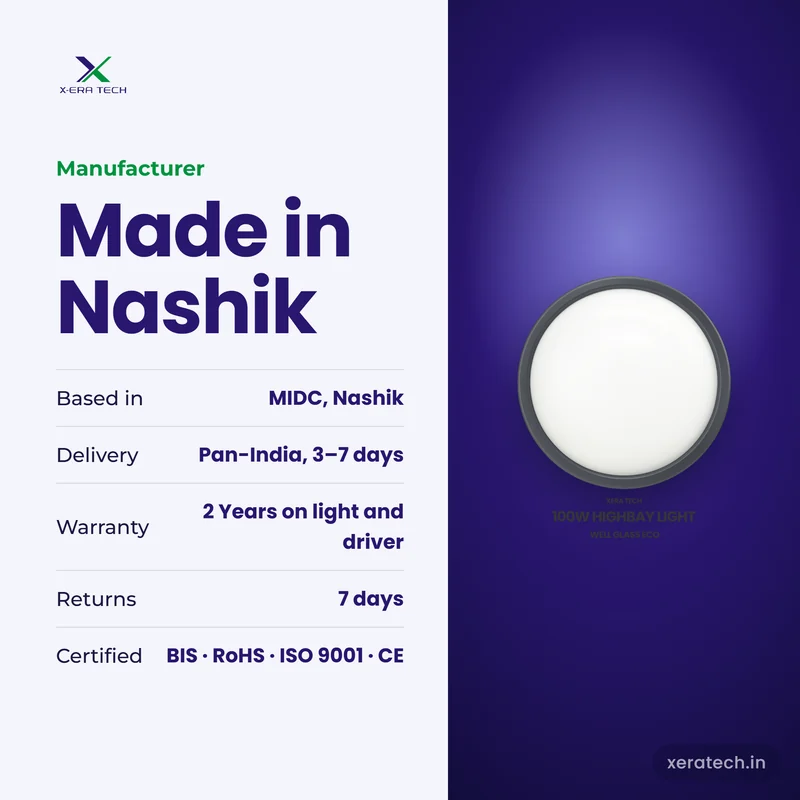 Xera Tech LED High Bay Light manufacturer in Nashik, Maharashtra – 2 Years warranty, pan-India delivery