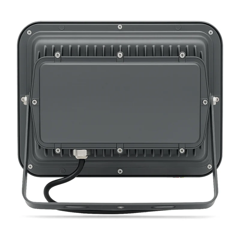Xera Tech 30W Solar Flood Light back view showing the housing, driver and mounting