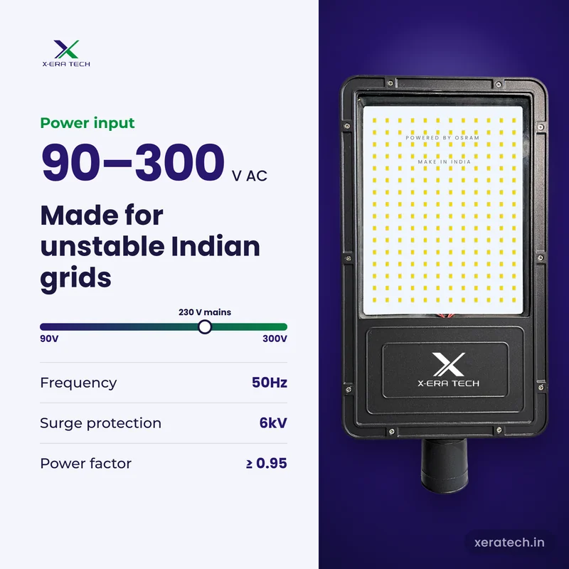Xera Tech 200W LED Street Light input range 90V – 300V AC at 50Hz