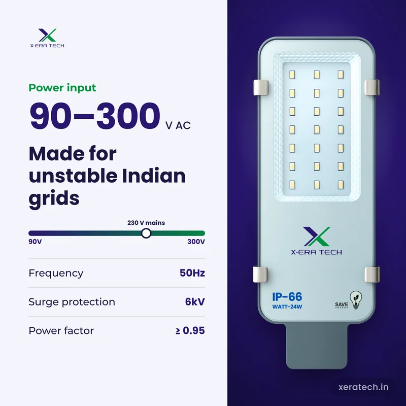 Xera Tech 24W LED Street Light input range 90V – 300V AC at 50Hz