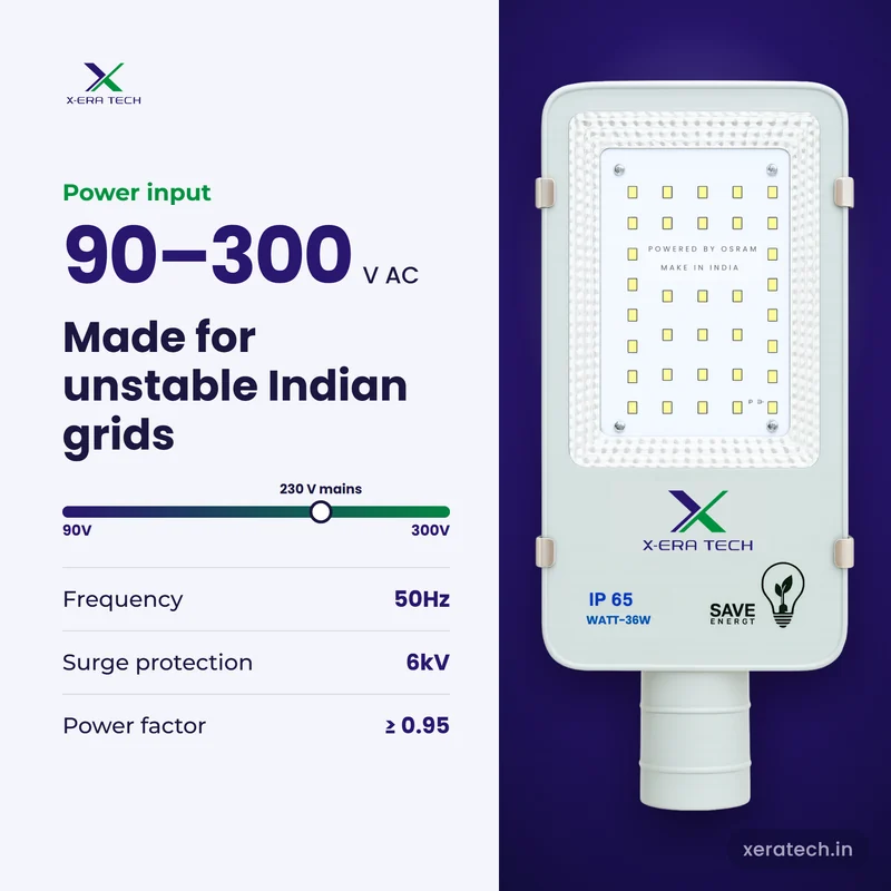 Xera Tech 36W LED Street Light input range 90V – 300V AC at 50Hz