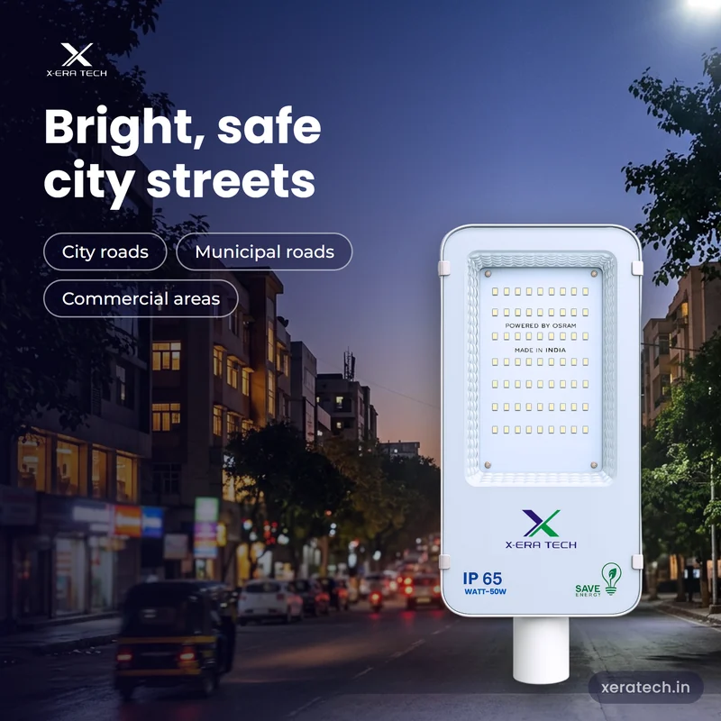 Xera Tech 50W LED Street Light for city streets at dusk