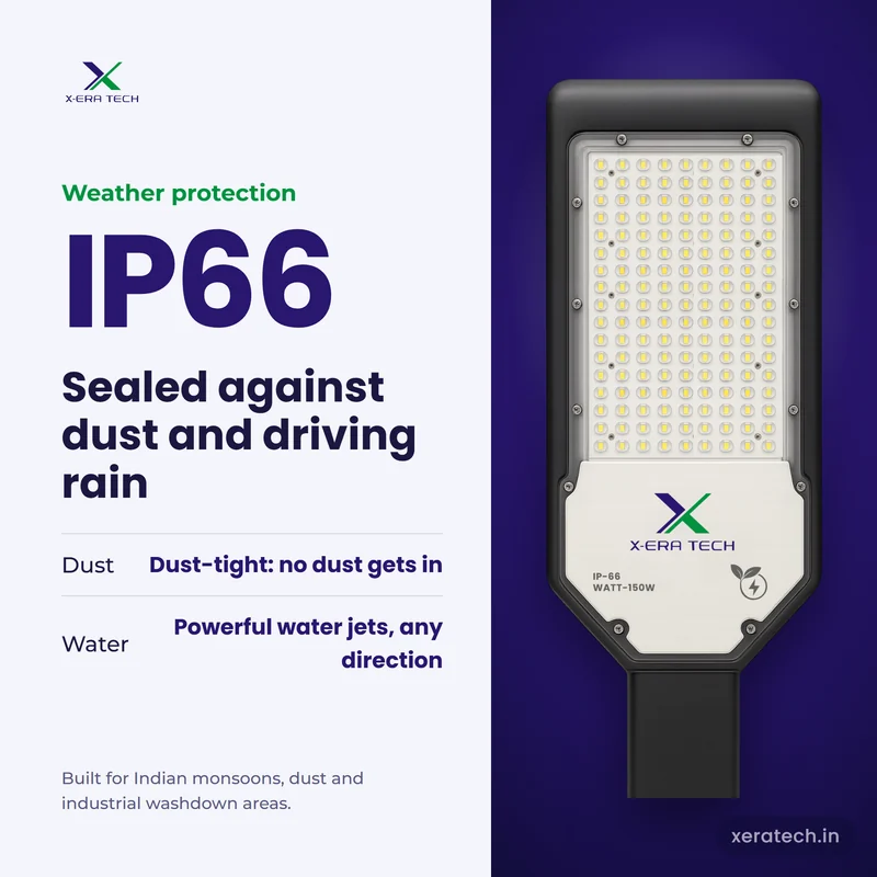 Xera Tech 150W LED Street Light with IP66 rating – dust-tight and protected against powerful water jets