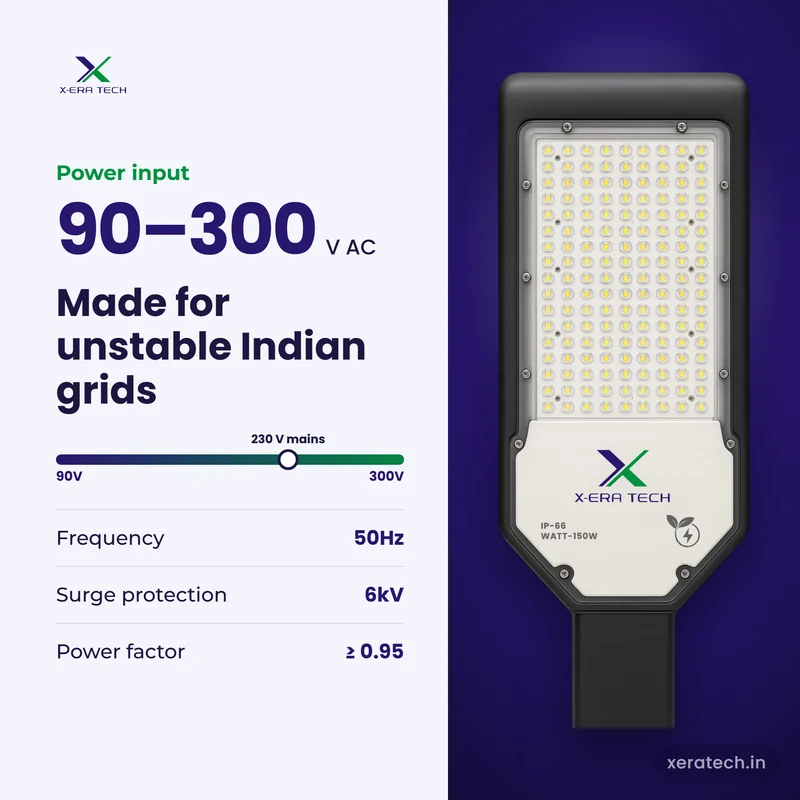 Xera Tech 150W LED Street Light input range 90V – 300V AC at 50Hz