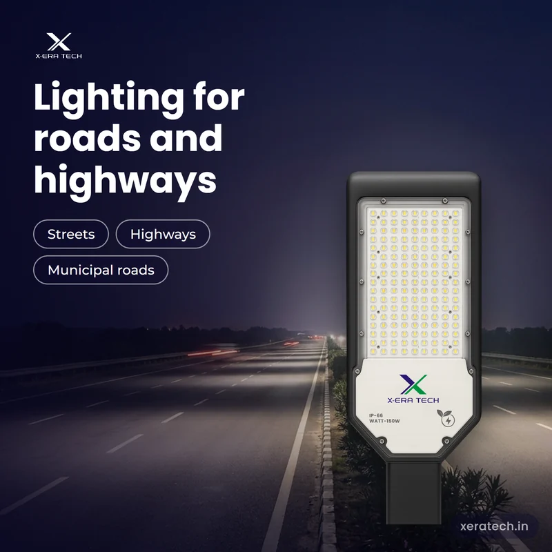 150W lens model LED street light lighting a highway at night, Xera Tech Nashik