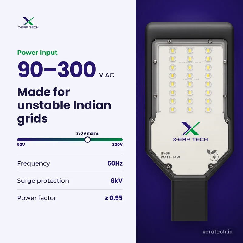 Xera Tech 24W LED Street Light input range 90V – 300V AC at 50Hz