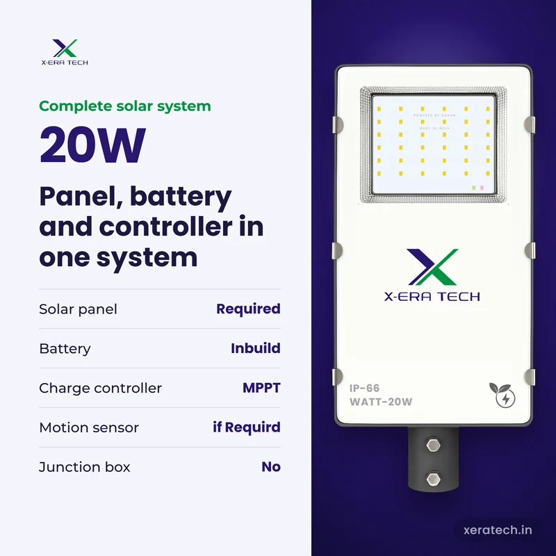 Xera Tech 20W Solar Street Light solar system: panel, battery and controller
