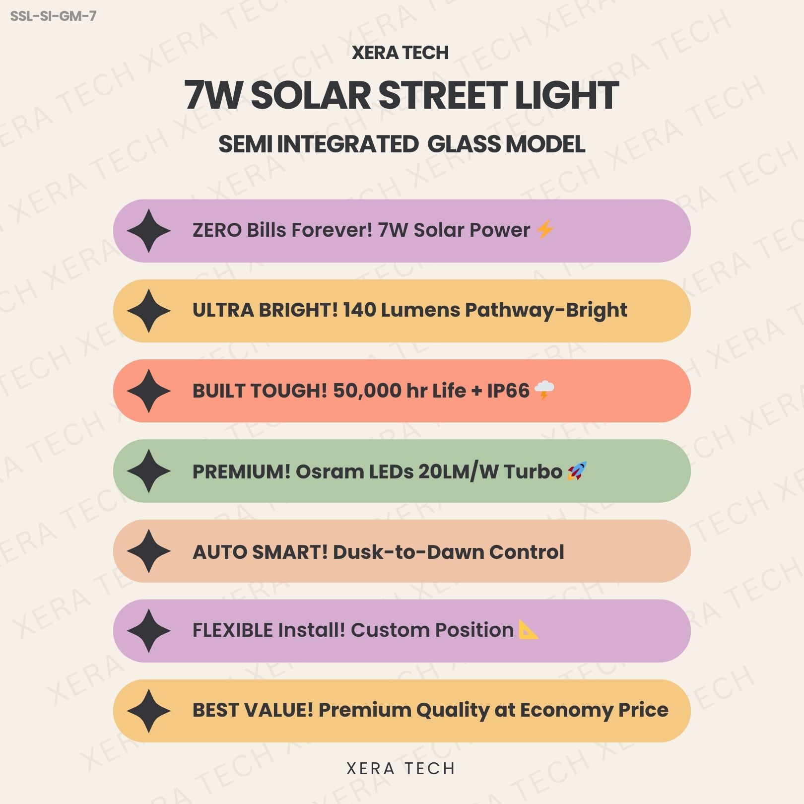 7W Solar Street Light Semi Integrated Glass Model – specifications