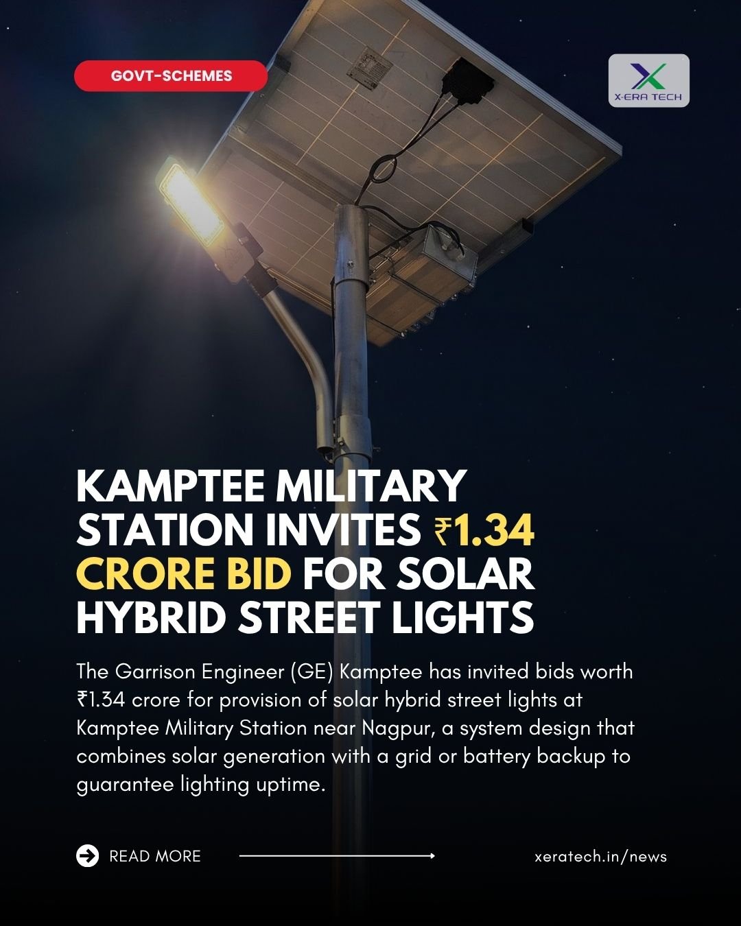 Kamptee Military Station Invites ₹1.34 Crore Bid for Solar Hybrid Street Lights