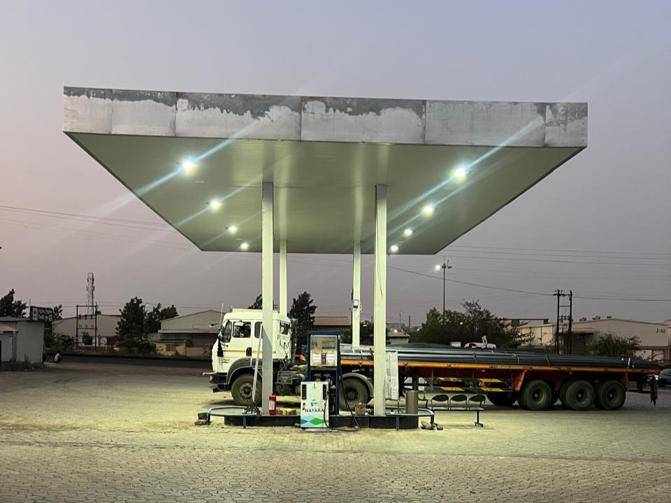 Xeratech LED canopy light installation at Sinnar petrol pump — daytime view
